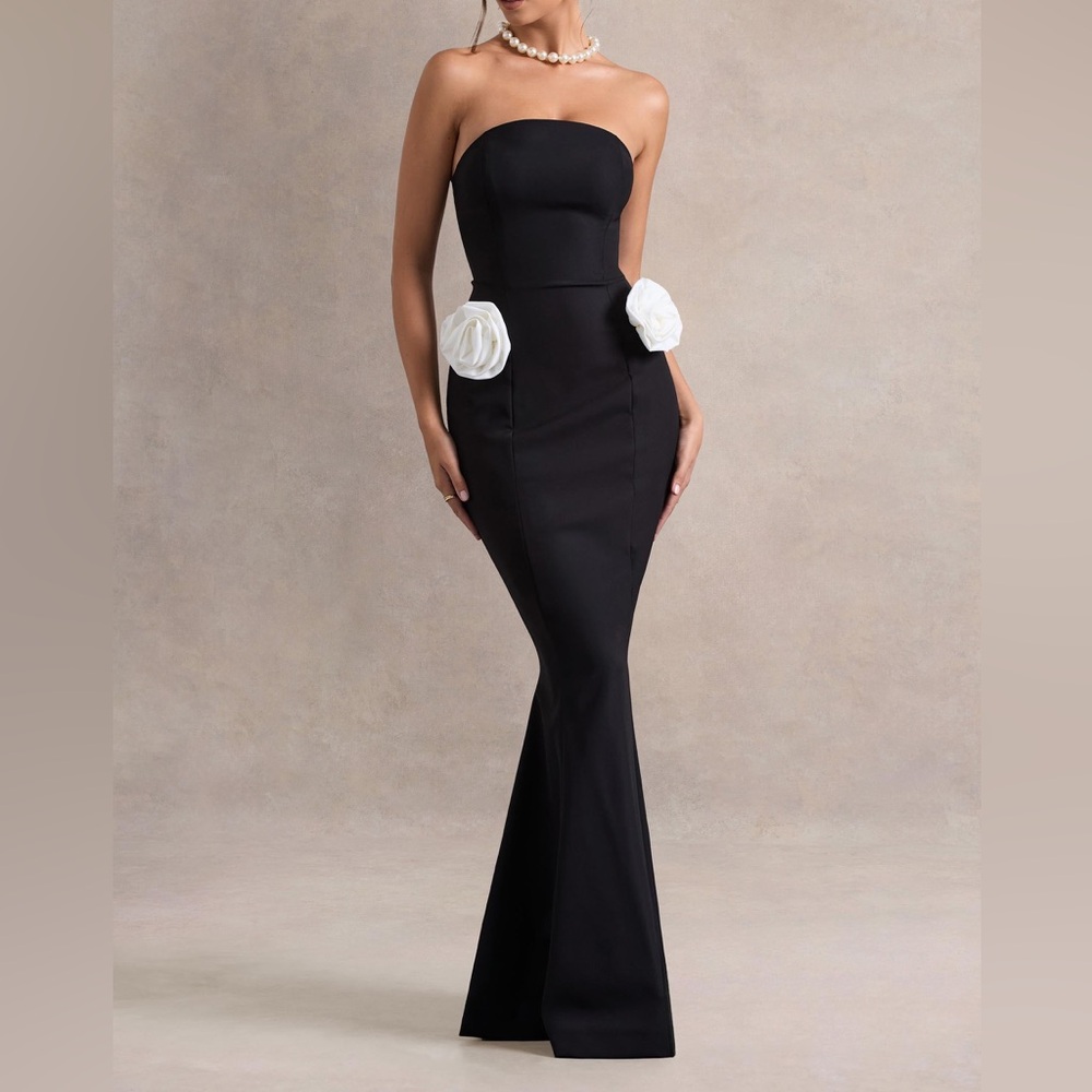 Club L London Black Strapless Dress with White Floral Rosettes 6